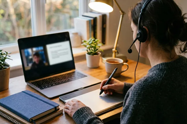 Nauczycielka w słuchawkach prowadzi lekcję online: na laptopie uczeń i slajd, w ręce rysik